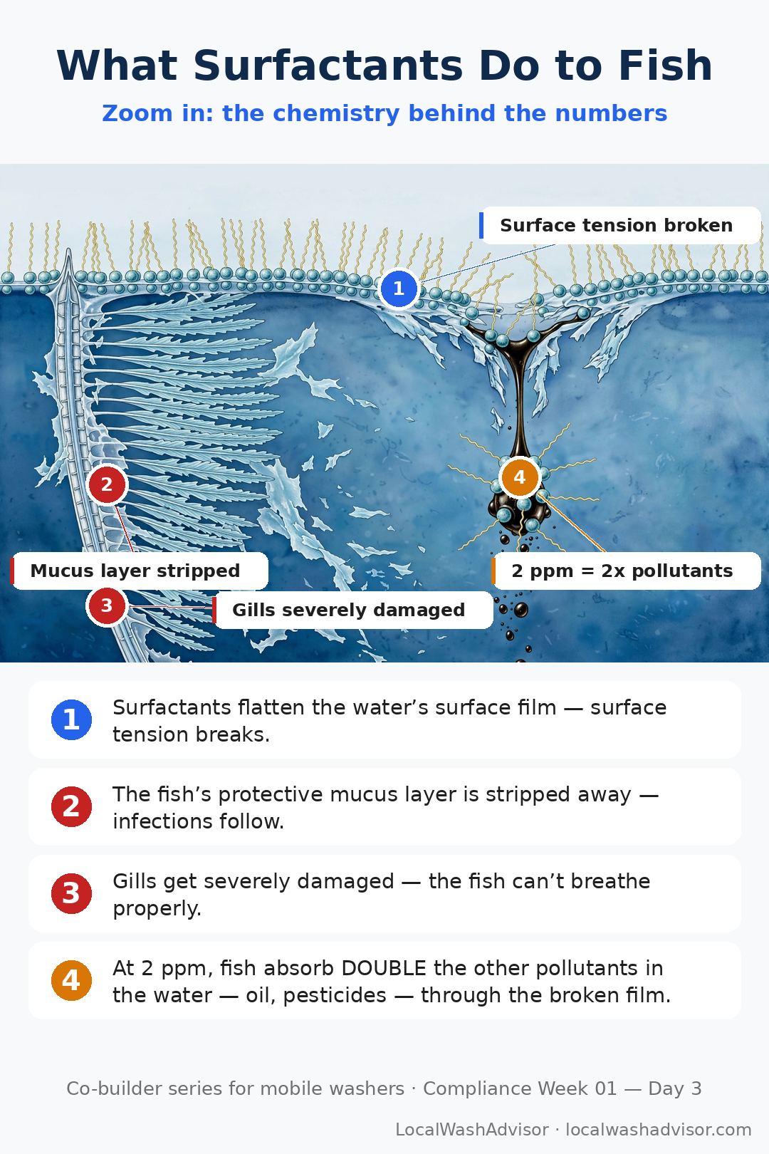 How surfactants attack fish at the water's surface