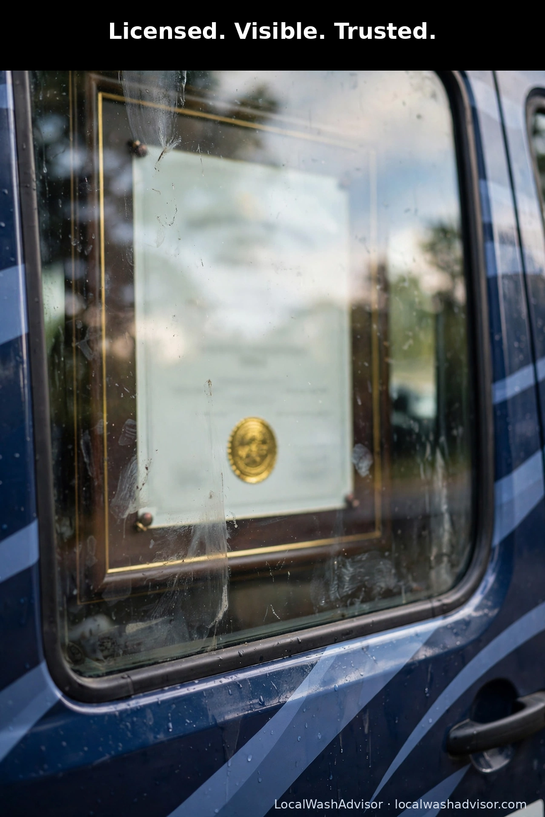 Framed business license displayed on the detailing van