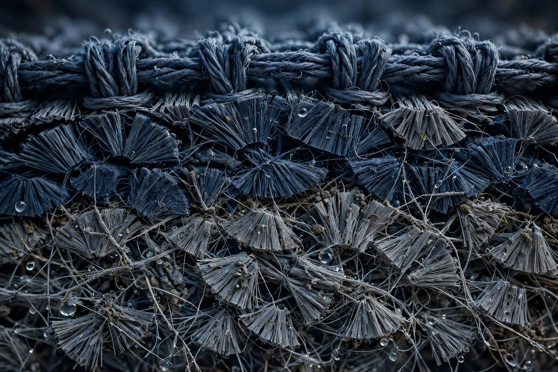 Cutaway of split microfiber strands trapping water and dirt