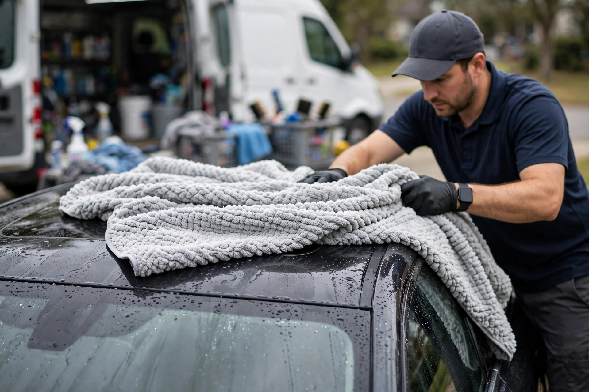 Detailer drying a car with a plush microfiber towel