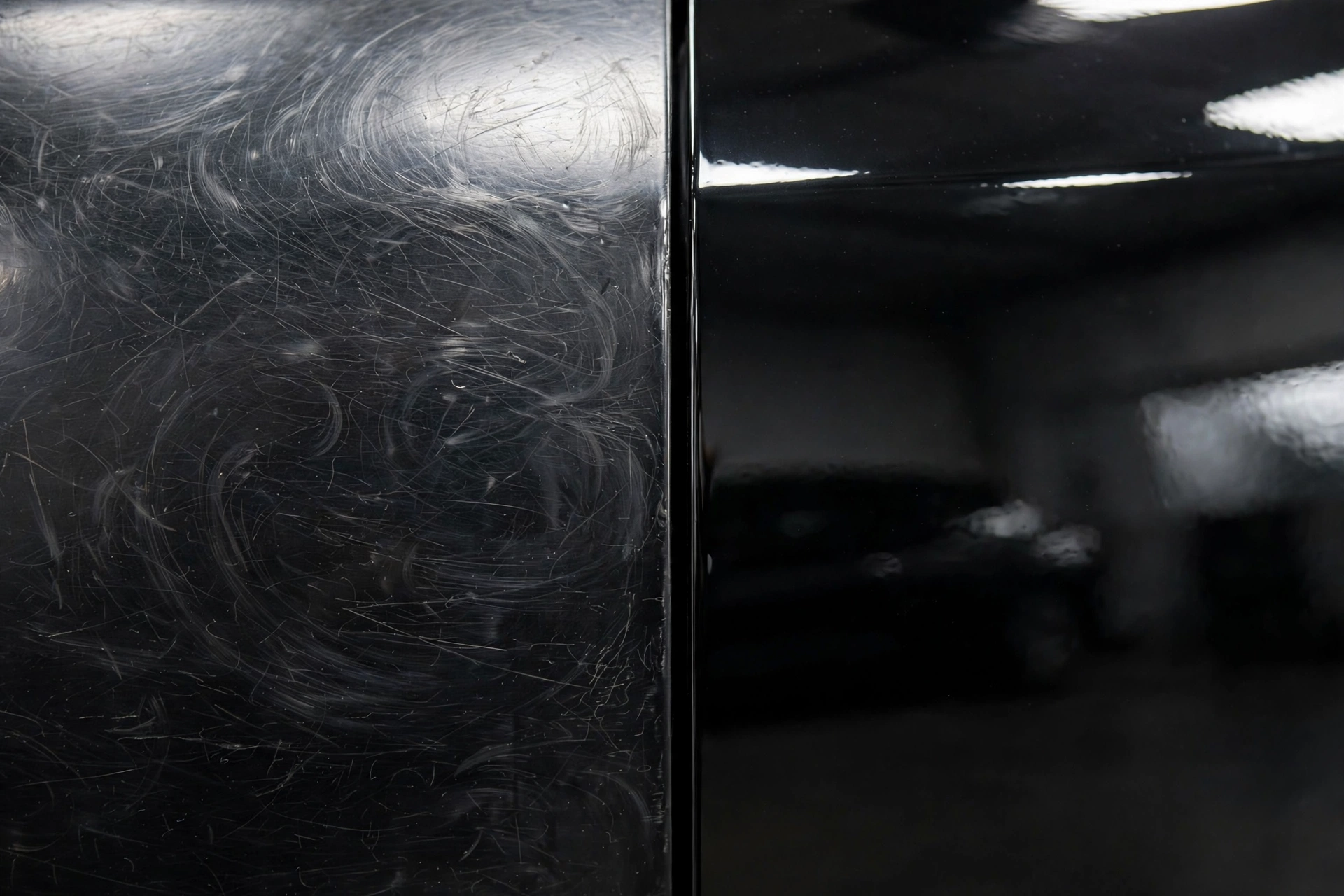 Car paint panel, half swirl-marked and half flawless